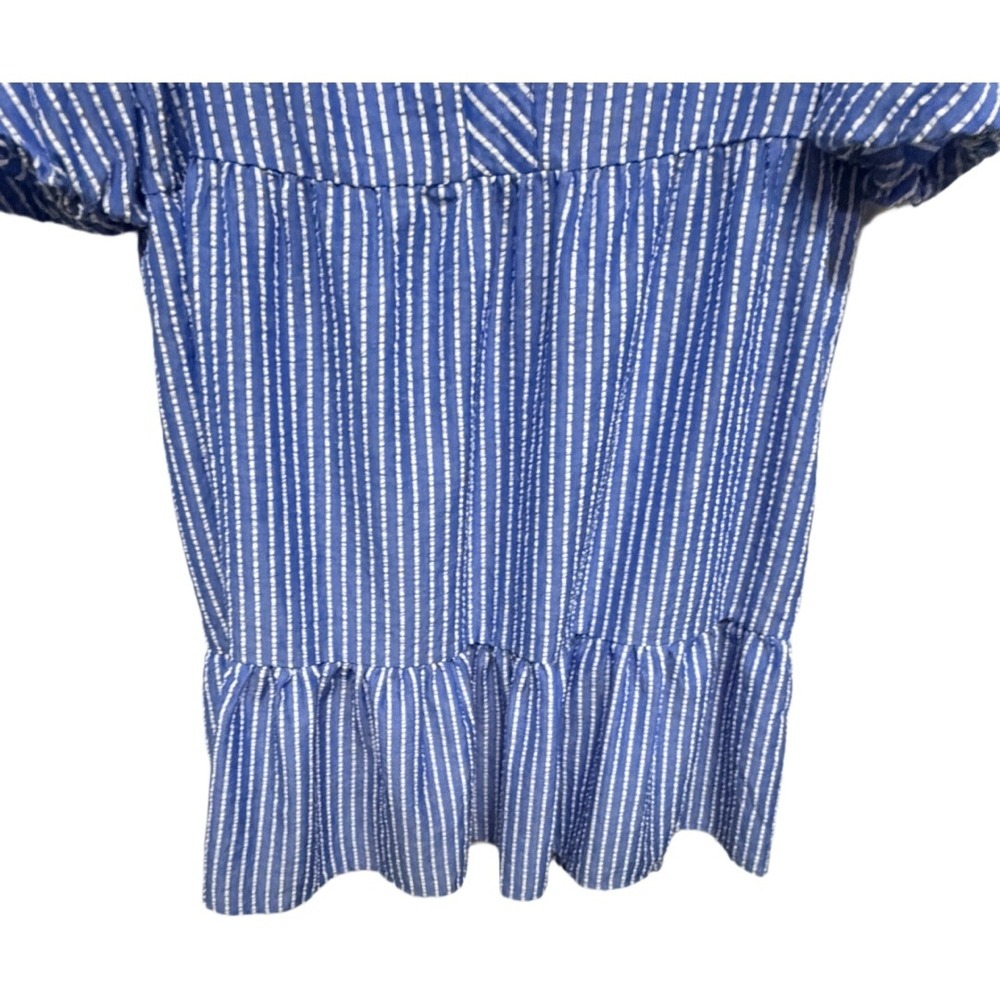 Sandra Darren Blue White Seersucker Stripe Tiered Dress Size 14 Fourth of July - Picture 3 of 6
